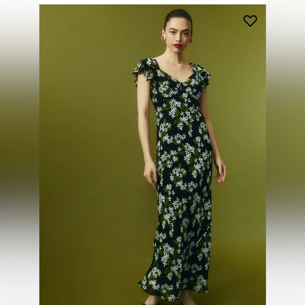 Reformation Lisola Green and Black Sweetheart Flutter Sleeve Maxi Dress